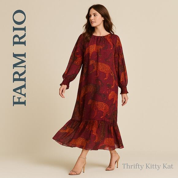 FARM Rio Dresses & Skirts - Farm Rio Jungle Jaguar Maxi Dress Ruffle Hem High Neck Sheer Long Sleeve Boho XL